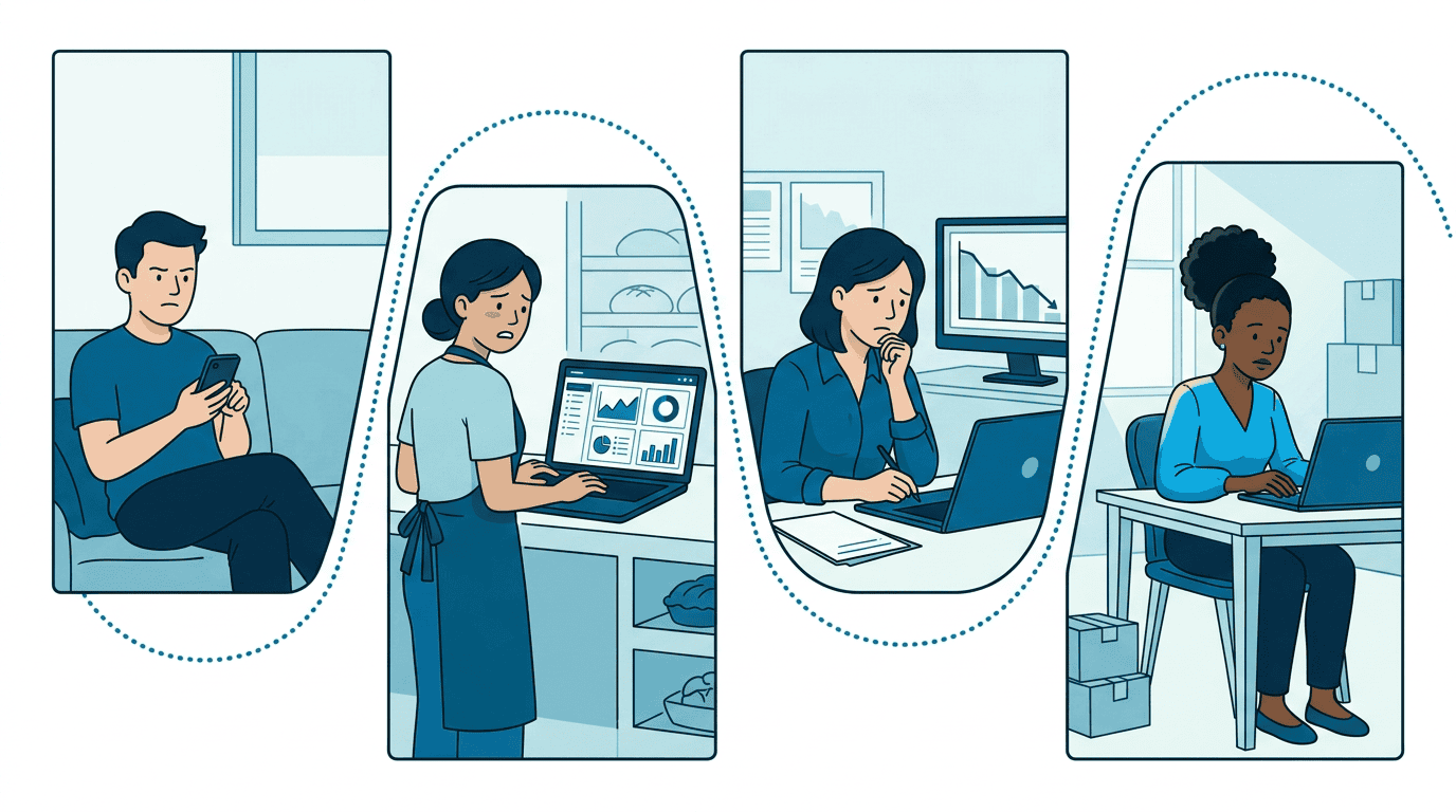 Four everyday people affected by advertising: a consumer seeing irrelevant ads, a bakery owner struggling with complexity, a journalist worried about declining ad revenue, and an entrepreneur in Nairobi overwhelmed by the tools