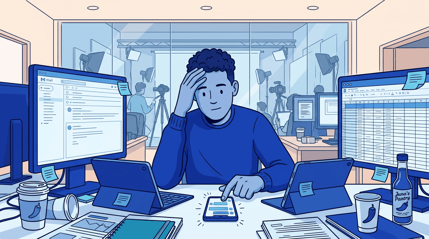 Ren Castillo overwhelmed at his desk — multiple screens showing emails, spreadsheets, DMs, and analytics, a studio visible through the glass wall behind him