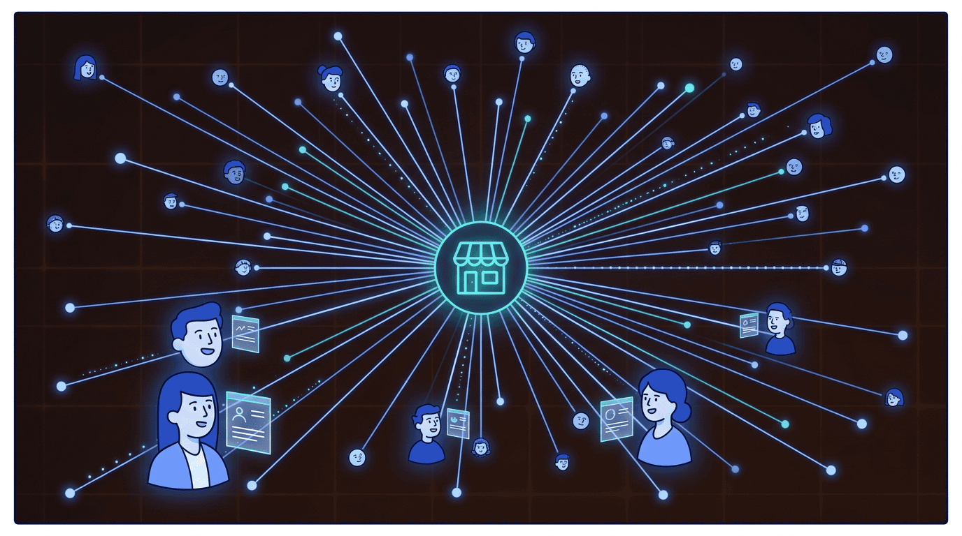 An agentic storefront going live — glowing teal icon at center with dozens of luminous connection lines radiating to buyer agent nodes